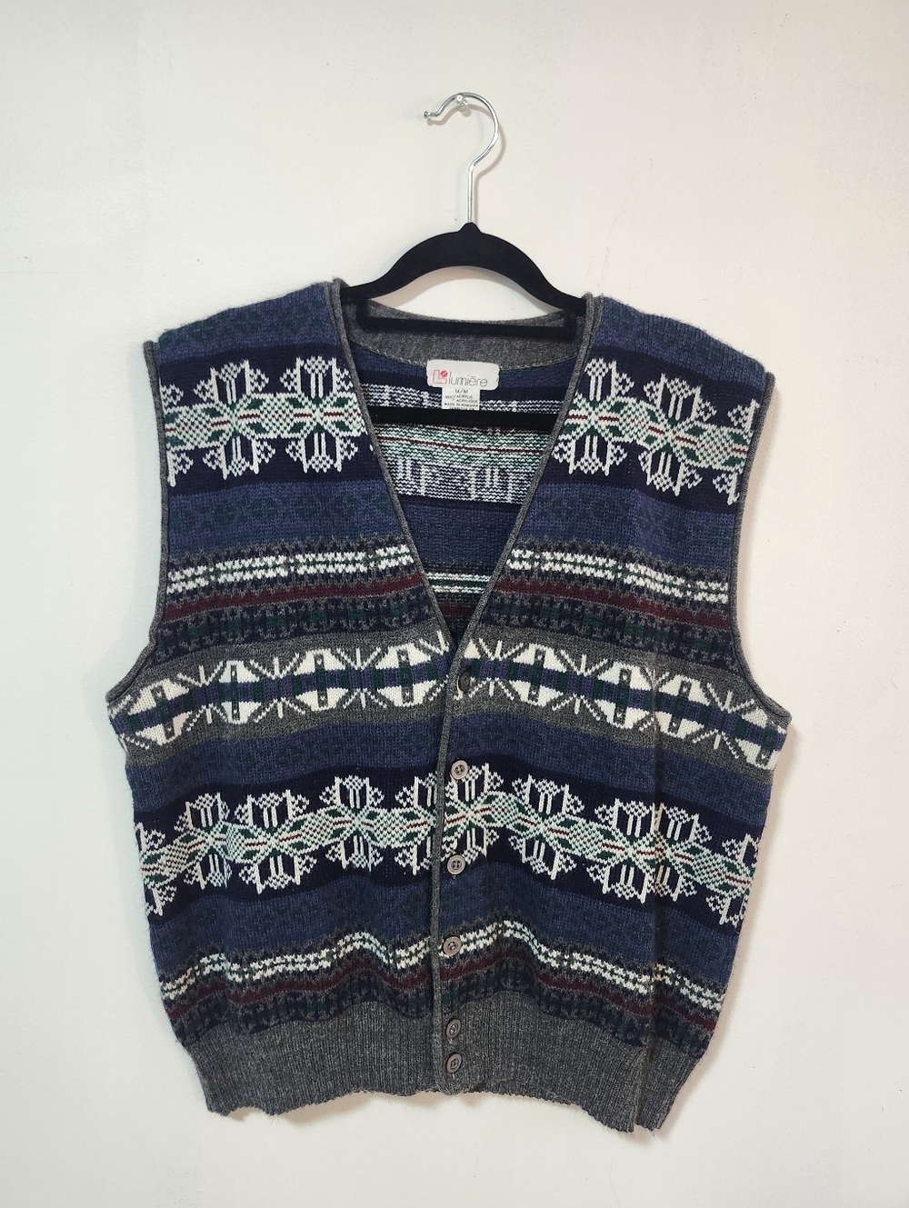 Vintage Lumiere Button-Front Knit Vest in Navy and Gray